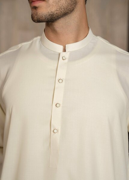Buraq Men RTW Solids Wash N Wear Kurta Shalwar Suit Off White Ban Casual Collection