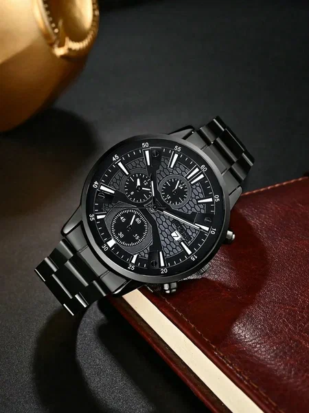 Shein - Fashion Men's Quartz Watch Set With Calendar Function, Zinc Alloy Case And Strap, Round Dial