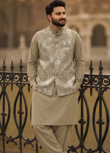 TGM Mens RTW Textured Blended Cotton 3 Piece Suit Sterling Almond Festive Collection
