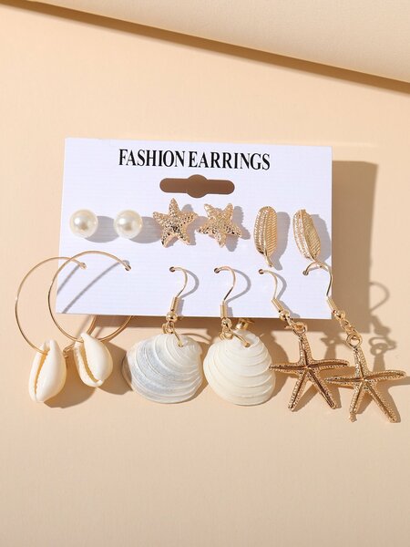 Shein - 6pairs Faux Pearl & Shell Decor Drop Earrings