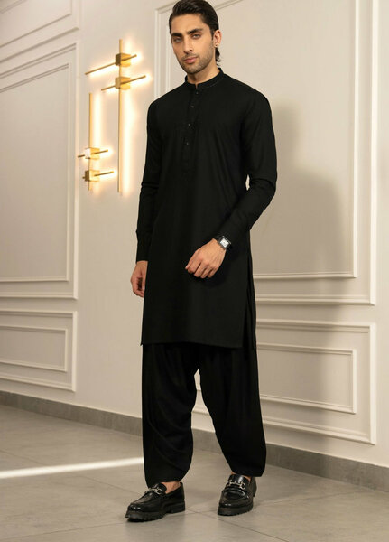 Stylish Garments Mens RTW Embroidered Wash N Wear Kurta Shalwar Suit Black Casual Collection