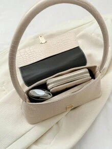 Shein - White Crocodile Pattern Engraved PU Leather Metal Lock Vintage Style Women's Popular Crossbody Shoulder Bag