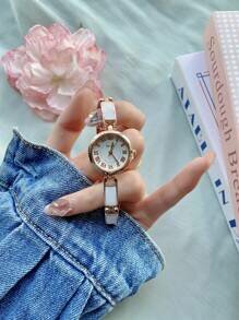 Shein - 1pc Round Dial Women's Quartz Watch With Roman Numerals,Drop Oil, White Bracelet Strap, Suitable For Daily Wear