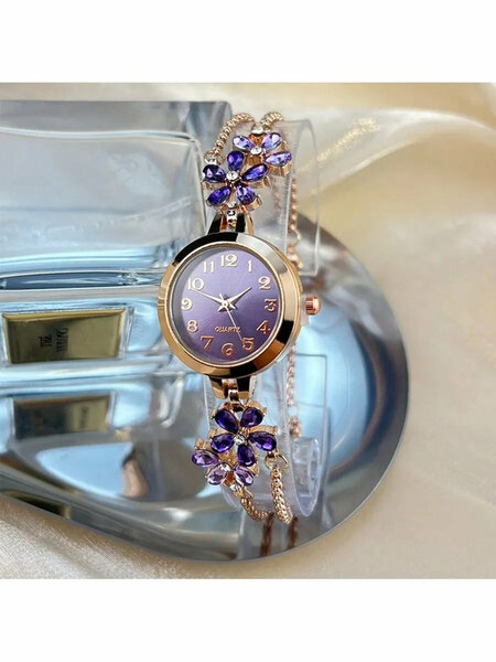Shein - 1pc Women's Purple Color Petal Rhinestone Pull-Out Watch Chain, Arabic Numeral Elegant Quartz Watch