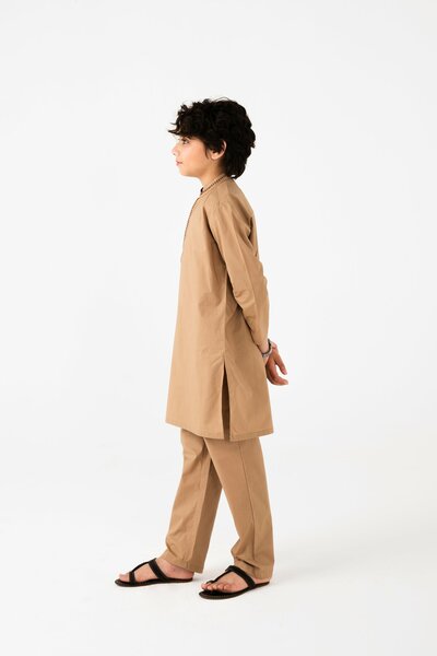 Boys Timeless Light Brown Emroidered Kurta Set