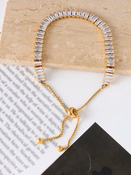Shein - 1pc French Style Minimalist Stainless Steel Chain Bracelet With Star & Cubic Zirconia Decor For Girls' Vacation Style