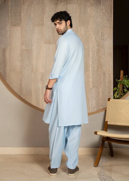 Buraq Men RTW Solids Wash N Wear Kurta Shalwar Suit Sky Blue Casual Collection