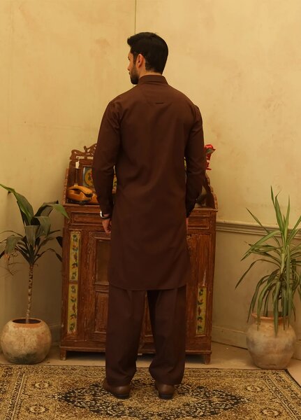 Mazham Mens Kameez Shalwar RTW Solids Blended 2 Piece Suit Dark Brown Casual Collection