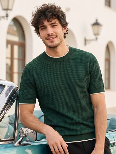 Army Green Premium Knitted Crew Neck T-Shirt (SKCN-068)