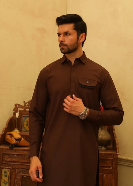 Mazham Mens Kameez Shalwar RTW Solids Blended 2 Piece Suit Dark Brown Casual Collection