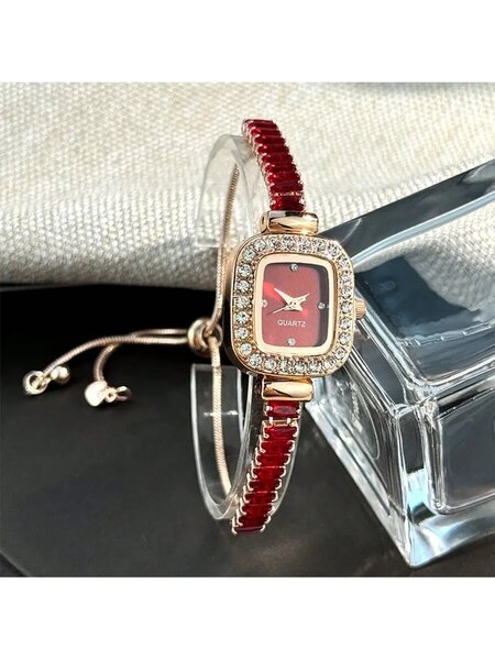 Shein - 1pc Women's Red Crystal Embellished Flexible Bracelet Watch, Square Alloy Case