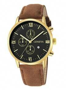 Shein - Men Watch 1pc Men's Fashionable Quartz Watch With Brown Pu Strap And Calendar Display Watch