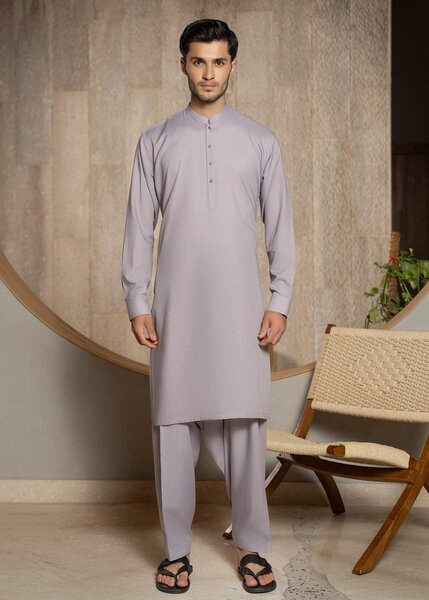 Buraq Men RTW Solids Wash N Wear Kurta Shalwar Suit Light lavender Ban Casual Collection