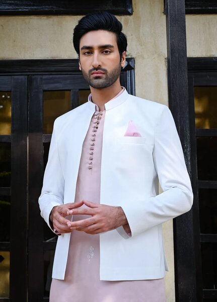 HK Fashion Suiting Mens - White Self Prince Coat