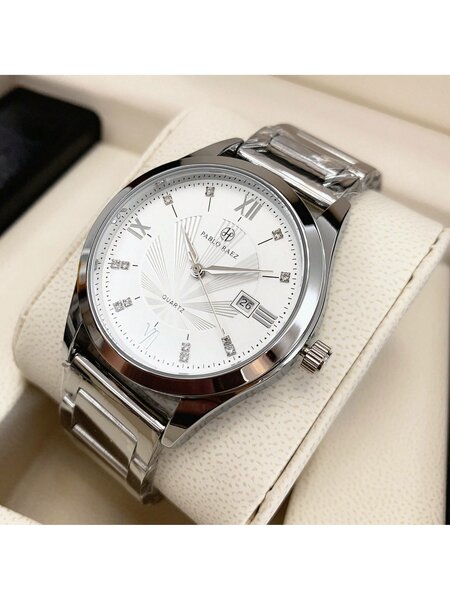 Shein - 1pc Men's Luxurious Style Wristwatch, Silver Stainless Steel Case, White Roman Numeral Dial With Rhinestone Watch