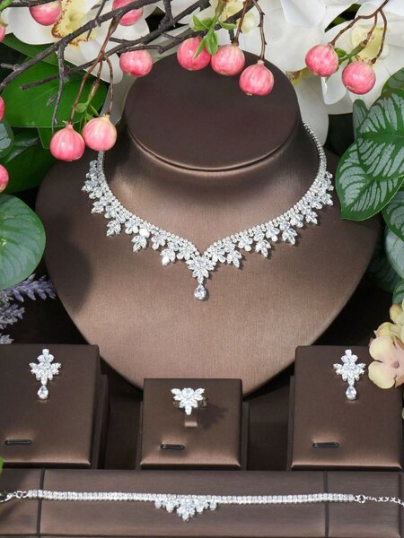 Shein - 1Set Cubic Zirconia Decorated Round Shape Jewelry Set