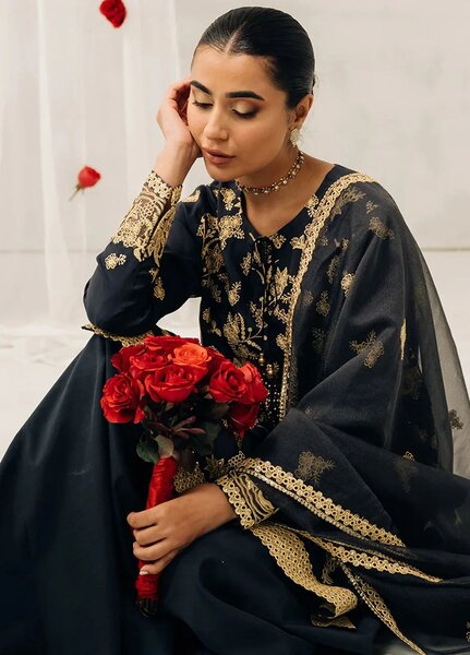Cross Stitch Embroidered Silk Suits Unstitched 3 Piece CS24LA Charcoal Tint - Luxury Collection