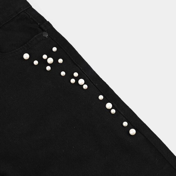 Girls Pearl Embellished Stretch Denim Straight-Fit Pants – Black