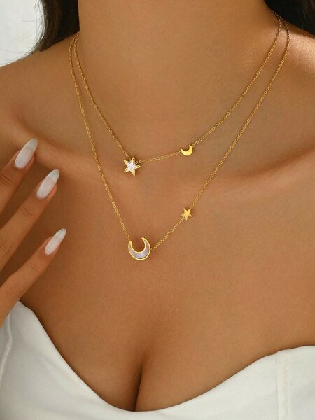 Shein - 18K Gold Plated Double Layer Purple Abalone Star & Moon Stainless Steel Necklace