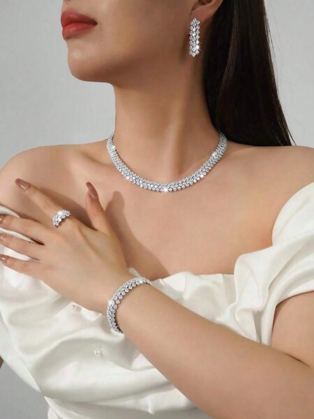 Shein - 5Pcs/Set Women'S Fashion Light Luxury Rhombus Sparkling Crystal Zirconia