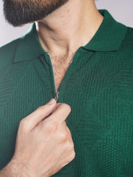Bottle Green Sweater Knitted Zipper Polo (SKZP-023)