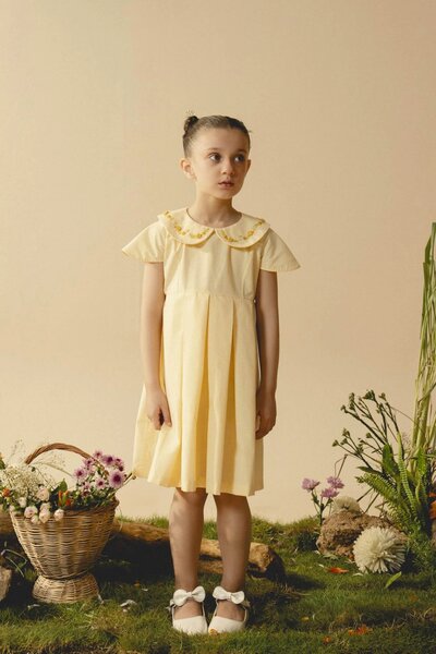 Marigold | Cream cotton blend pleated dress with hand-embroidered collar