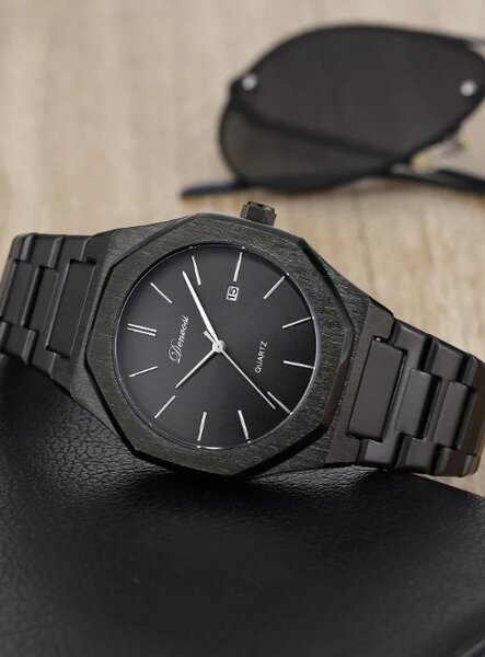 Shein - 1pc Black Stainless Steel Strap Business Glow In The Dark Waterproof Calendar Polygon Dial Quartz Watch