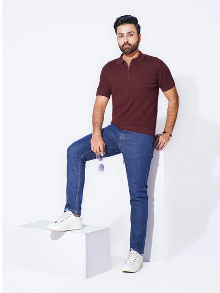 Burgundy Sweater Knitted Zipper Polo (SKZP-019)