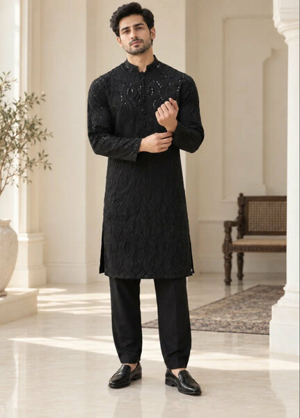 TGM Mens RTW Chikankari Chikankari Kurta Pajama Suit Titan Black Festive Collection