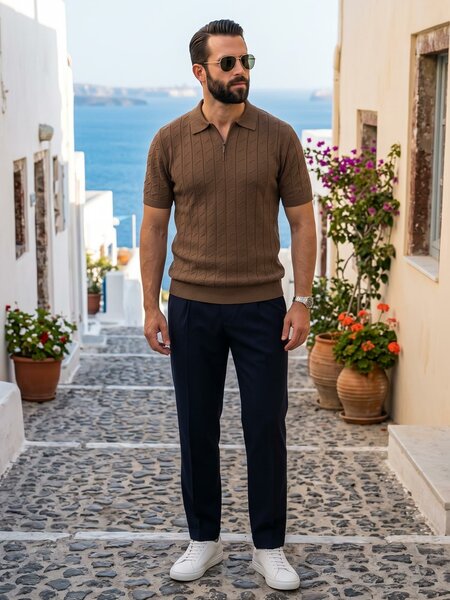 Dark Brown Knitted Zipper Polo (SKZP-073)