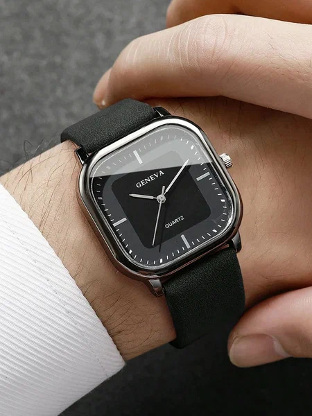 Shein - 2pcs/Set Men's Gift Watch & Belt, Fashion Minimalist Square Dial Quartz Wrist Watch