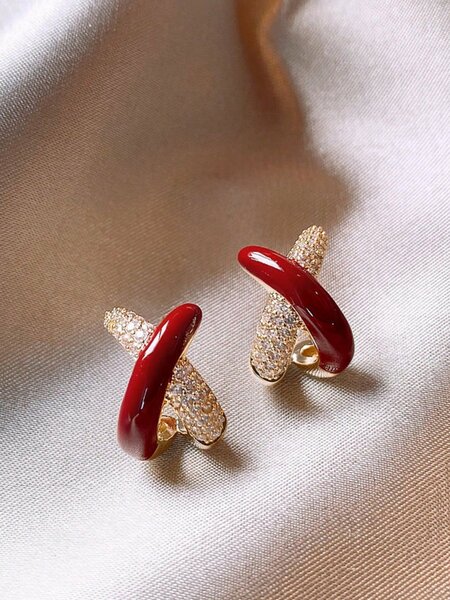 Shein - Korean Ins Style Red Cross 925 Sterling Silver Needle Stud Earrings With Unique Design, High-End Women's Earrings 2023