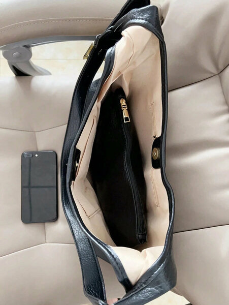 Shein - 2pcs/Set Parent-Child Black PU Leather Litchi Pattern Large Capacity Simple Casual Shoulder Bag