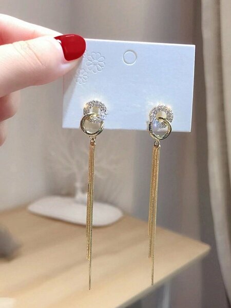 Shein - 1pair Glamorous Rhinestone & Chain Tassel Decor Drop Earrings For Women For Party