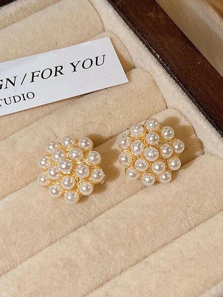 Shein - 6pcs/Set Minimalist Small Vintage Faux Pearl Flower Cluster Square & Round Geometric Earring Set