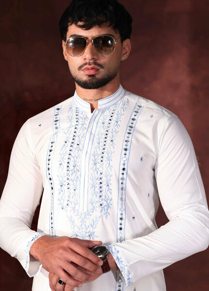 Rangari by Edge Republic Men RTW Embroidered Blended Cotton 2 Pcs White Mirror MR 91 - Festive Collection