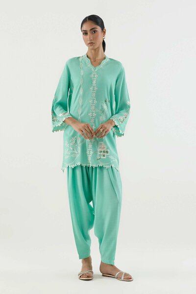 Stitched Emboidered Raw Silk Shirt+ Shalwar