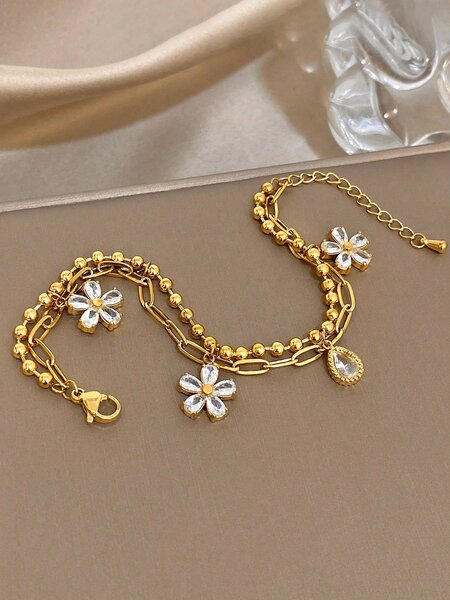 Shein - 1Pc 18K Gold Plated Stainless Steel Luxury Floral Layered Flower Pendant Dual Chain Bracelet