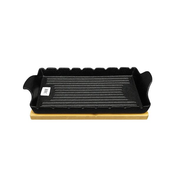 Stylish Rectangular Ceramic Sizzler with Wooden Base – Black