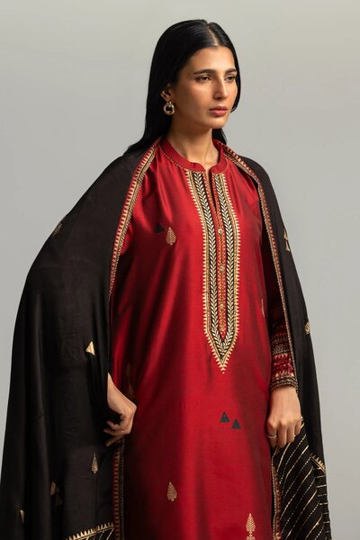 3PC Cotton Silk Embroidered Suit With Block Print