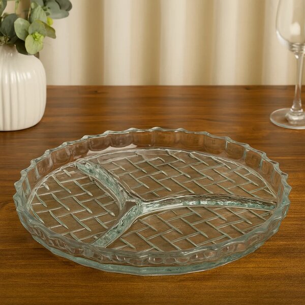 Clear Pressed-Glass 3-Section Dry Fruit Tray – 1 Piece, 224 mm Diameter