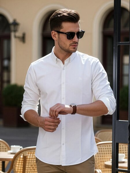 White Self Button Down Casual Shirt (CSB-272)