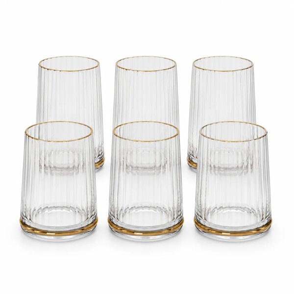 6 Pcs Clear Ribbed Glass Set with Golden Rim & Base – Elegant Drinking Glass Set