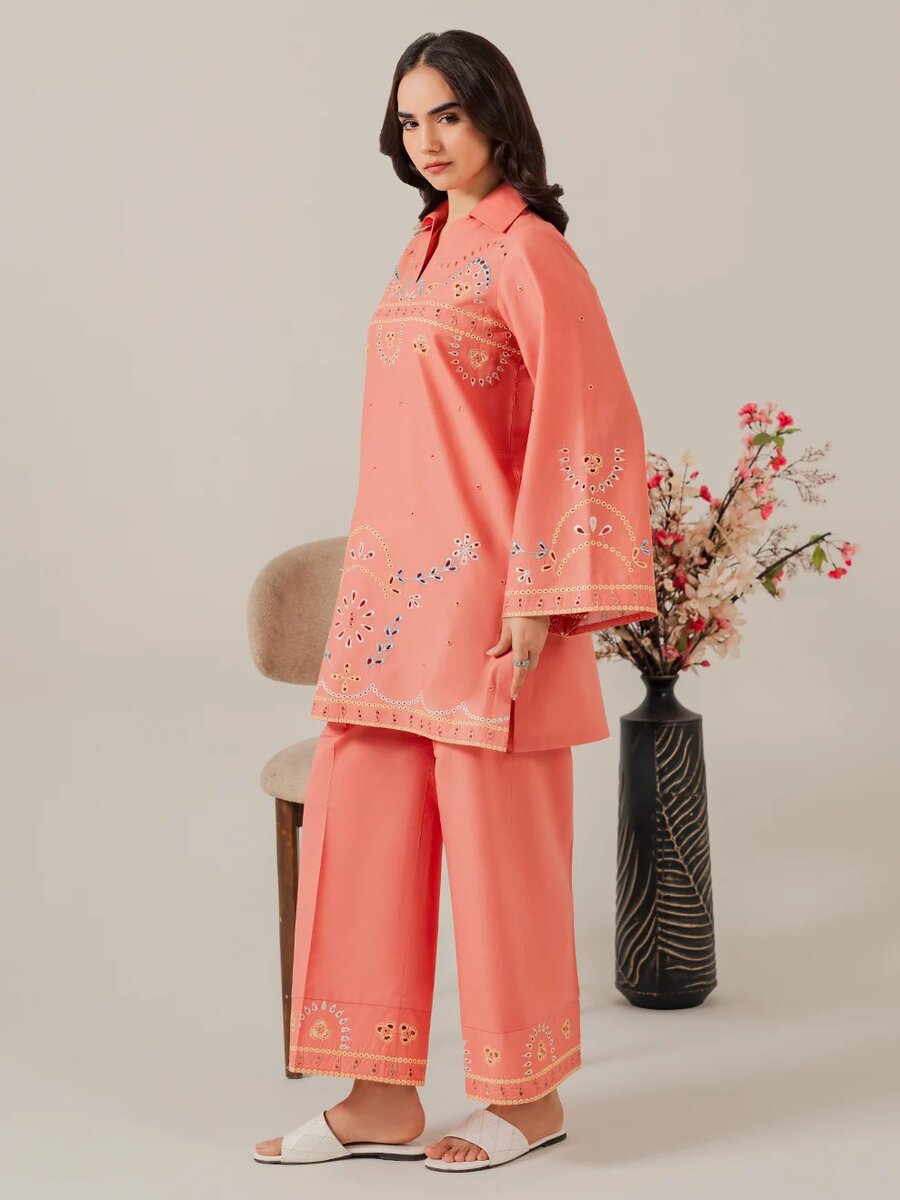 Coral- 2Pcs Embroidered Coord Set