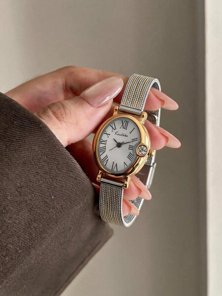 Shein - Vintage Oval Roman Numeral Dial, Silver & Gold Band Watch