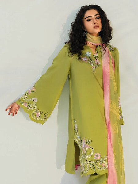 OLIVE LIME - 3pcs Khaddi Silk Ensemble