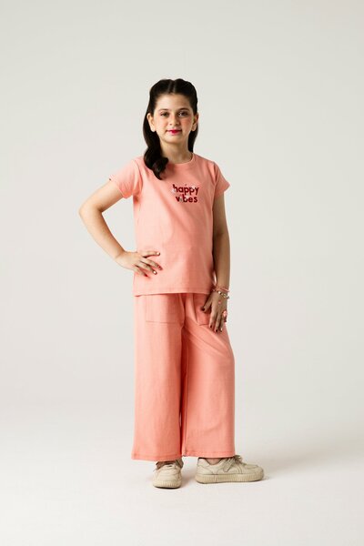Girls Peach Happy Vibes Co-ord Set