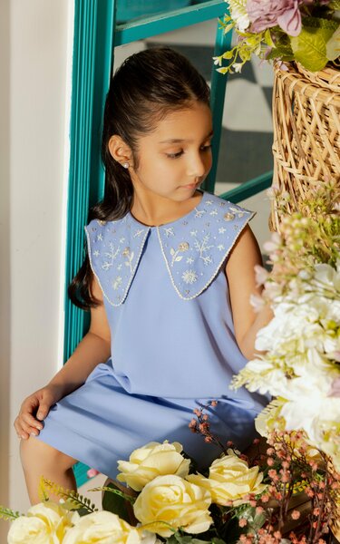 Gelato | A-line cotton blend dress with floral hand-embroidered collar