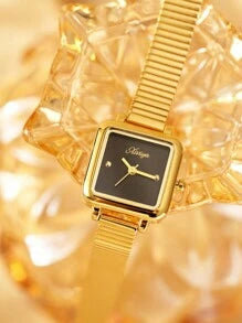Shein - 1pc Ladies' Stainless Steel Watch Band Artistic Dial Waterproof Quartz Watch