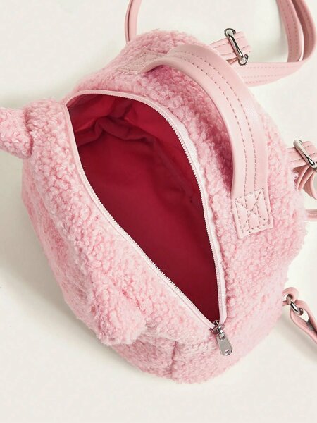 Shein - Pink Cat Teddy Plush Zipper Closure Cute Small Backpack (Very Small Size)